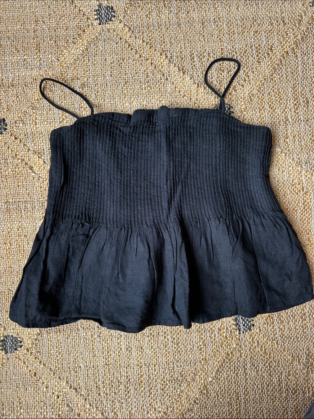 Black Ribbed Smocked Spaghetti Strap Peplum Top